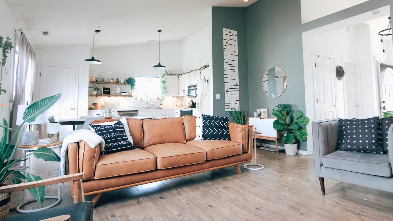 Living room with brown leather couch
