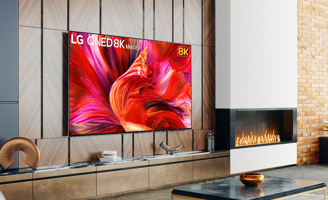 LG QNED TV mounted in a lounge room